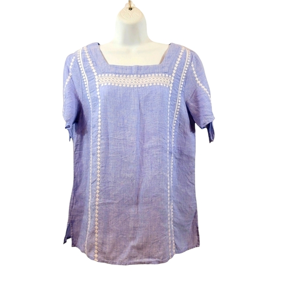Talbots Tops - Talbots 100% Linen Square Neck Embroidered Blouse Size Medium